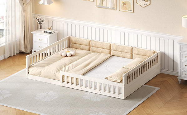 English Elm Wood Full Size Upholstered Platform Bed with Guardrail and Head Pillow, Sleek Silhouette, Sturdy 600lb Capacity Beige WF323090AAA