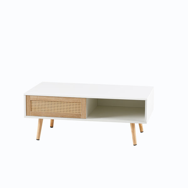 English Elm 41.34" Rattan Panel Coffee Table with Sliding Storage Door and Solid Wood Legs W1265107718