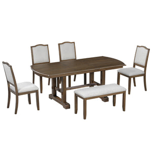 English Elm 6-piece Extendable Wood Dining Set with Linen Upholstered Chairs Bench Seats Eight Beige+Brown N752S000097D