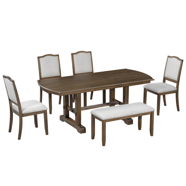 English Elm 6-piece Extendable Wood Dining Set with Linen Upholstered Chairs Bench Seats Eight Beige+Brown N752S000097D