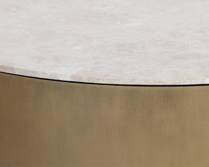 Sunpan Guinevere Coffee Table - Handcrafted Crema Marble Top with Curvy Antique Brass Iron Base, Unique Design