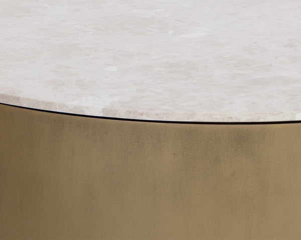 Sunpan Guinevere Coffee Table - Handcrafted Crema Marble Top with Curvy Antique Brass Iron Base, Unique Design