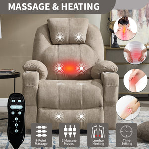 English Elm Up to 350 Lbs Chenille Power Lift Recliner with Massage Heating and Usb Charging Ports Khaki W3224S00026