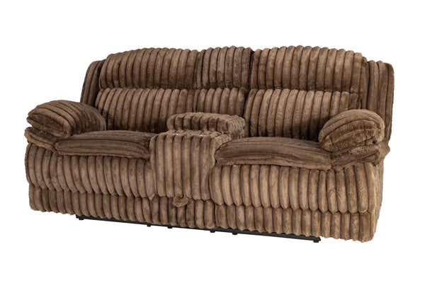 English Elm Manual Motion Loveseat with Fur-Like Corduroy Upholstery, Plush Arms, Dual Cup Holders & Storage Chocolate 33 L x 82 W x 28 H B089P296897