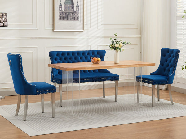English Elm Velvet Wingback Dining Bench Tufted Two Seat Mid Century Modern Brushed Steel Base Blue W1143P406981