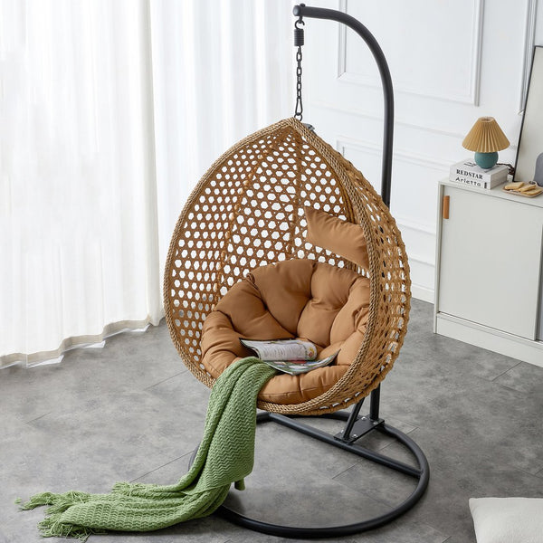 English Elm 76.8-inch Hand Woven Rattan Egg Swing Chair Indoor Outdoor with Cushion Lumbar Pillow Yellow W1512P498594