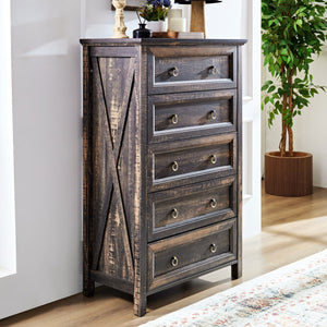 English Elm Farmhouse Tall Five Drawer Chest Rustic Oak Barn Door Style Organizer for Bedroom W2393P197394