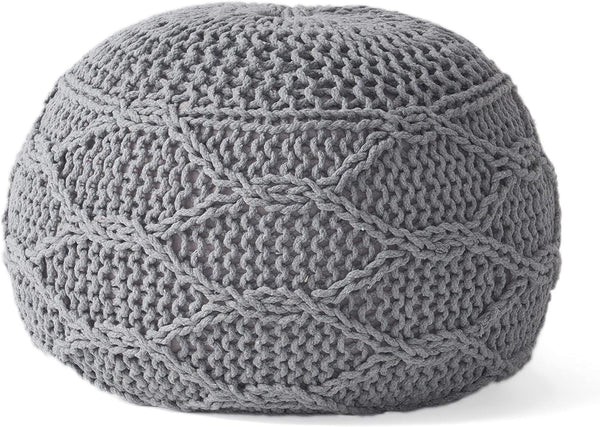 English Elm Christopher Knight Home® - MALIBU POUF Grey Cotton Knit Pouf 20” Round Modern Accent Ottoman Breathable Static-Resistant Seat 60494.00