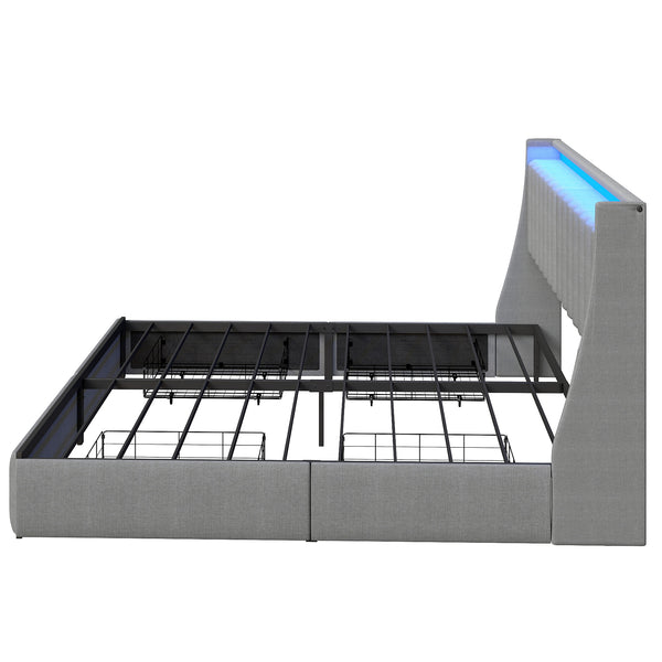 English Elm Full Size Linen Tufted Storage Bed with Rgb Lighting and Built in Charging Ports T3963P483807