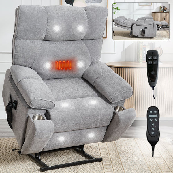 English Elm Beige Chenille Power Lift Recliner Dual Motor Massage Heat 350 Lb Capacity Gray W1803P264031
