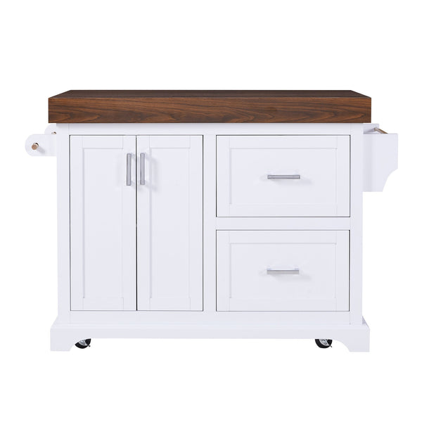 English Elm K&k Rolling Kitchen Island with Walnut Grain Countertop Drawers and Spice Rack White N707S000025W