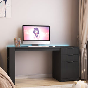 English Elm L Shaped Corner Desk with Led Lighting Bookshelf Drawers and Built in Charging Station W1321P399020