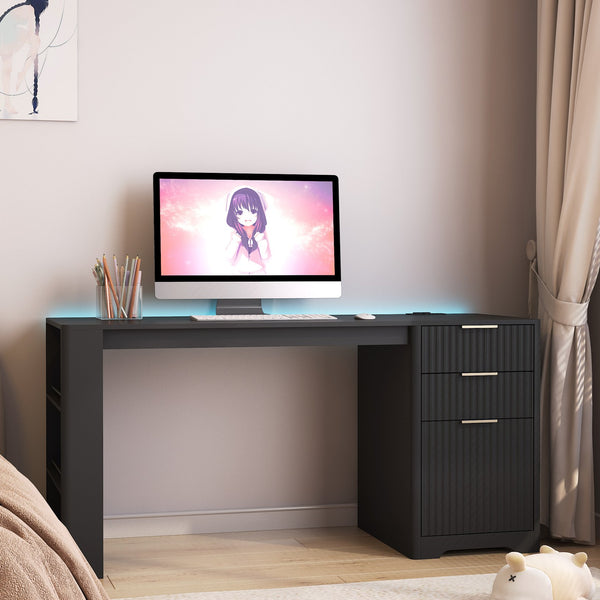 English Elm L Shaped Corner Desk with Led Lighting Bookshelf Drawers and Built in Charging Station W1321P399020