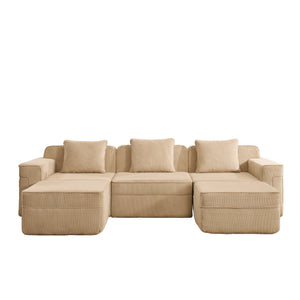 English Elm Modular 3-Seat U-Shape Sectional Sofa - Cloud-Like Comfort With Movable Ottomans & Plush Corduroy Fabric W3041S00319