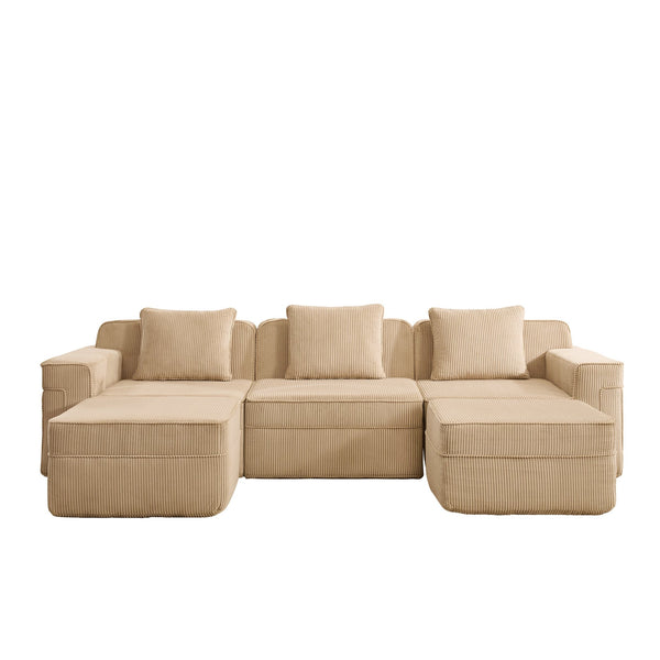 English Elm Modular 3-Seat U-Shape Sectional Sofa - Cloud-Like Comfort With Movable Ottomans & Plush Corduroy Fabric W3041S00319