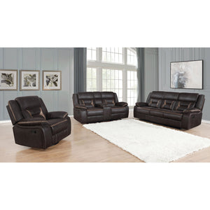 English Elm Brazelton Three-Piece Motion Sofa Loveseat Recliner Set with Leatherette Upholstery, Cup Holders and Storage Brown B062S01169