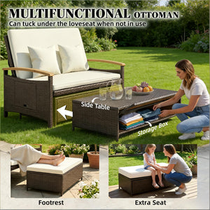 English Elm 4-in-1 Wicker Outdoor Daybed with Acacia Armrests Reclining Loveseat and Storage Ottoman T3971P484810