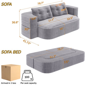 English Elm 78.7" Modern Foldable Corduroy Sofa Bed with 2 Plush Pillows, 2-in-1 Convertible Sleeper and Blanket LIGHT GREY W3219P317385