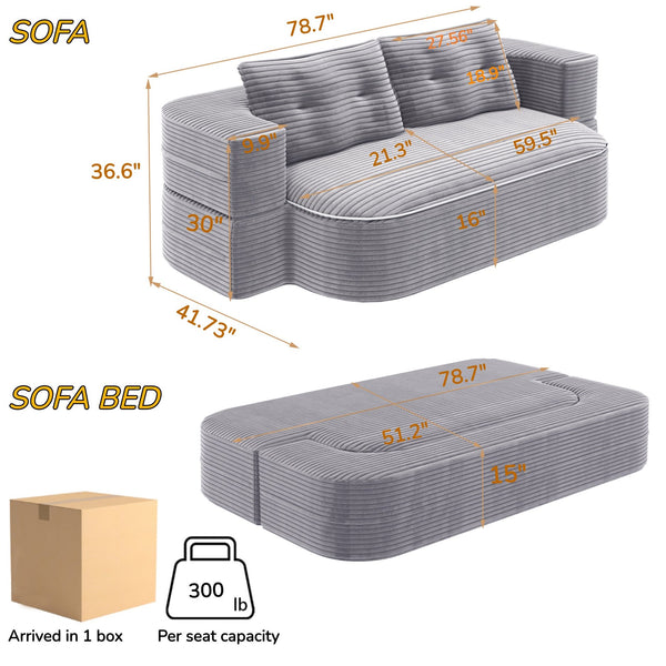 English Elm 78.7" Modern Foldable Corduroy Sofa Bed with 2 Plush Pillows, 2-in-1 Convertible Sleeper and Blanket LIGHT GREY W3219P317385