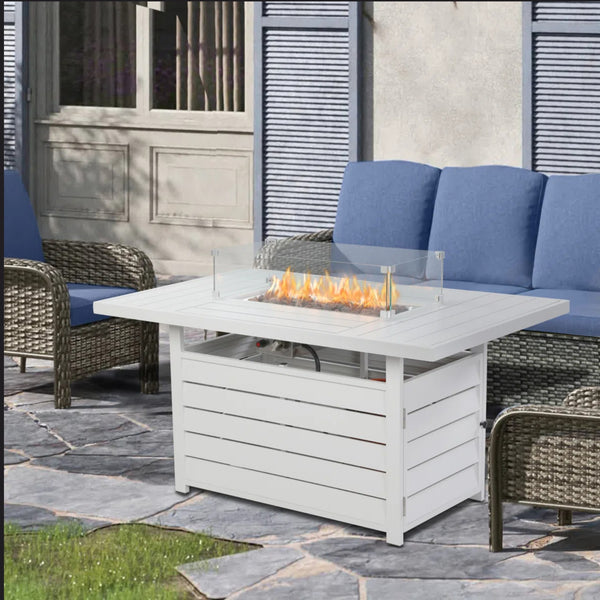 English Elm 54.3 Inch Aluminum Rectangular Propane Fire Table with Convertible Lid for Patio White B082S00070