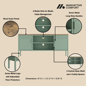 English Elm Landen 47" Metal Storage Cabinet with Wood Top and Cable Management — Sleek Industrial TV Console, Adjustable Legs Sage Green B365P397847