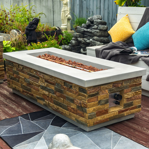 English Elm 60" Propane Gas Fire Pit Table 2-Pieces 60000 BTU Rectangular Concrete Sandstone with Cover & Lava Rocks W853S00007