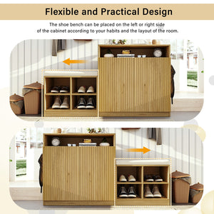 English Elm U_style Entryway Console Set with Wavy Doors Cushioned Bench and Adjustable Shoe Storage N711P345166O