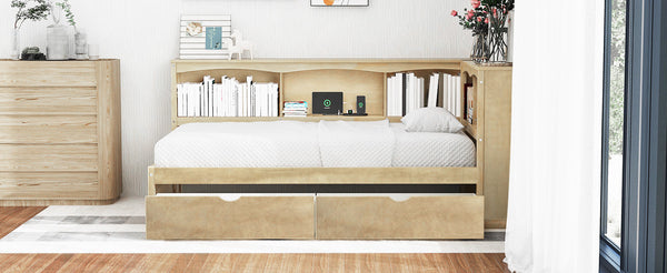 English Elm Twin Twin Size Daybed with USB Charging, Two Storage Drawers & Shelves, Sturdy MDF Frame, 300lb Capacity Wood GX000396AAD