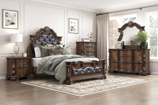 English Elm Formal Eastern King Bed Tufted Burl Veneer Frame with Gold Carved Detailing B011S02305
