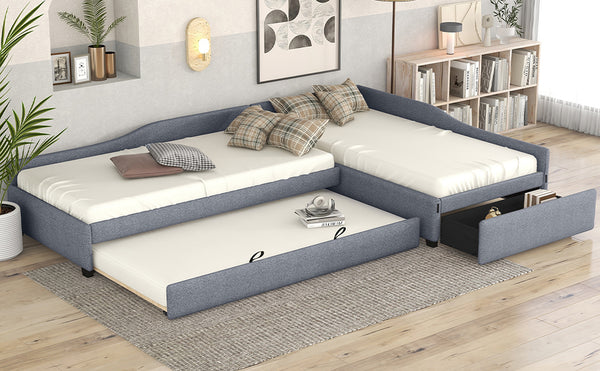 English Elm Upholstered Twin Daybed with Pull Out Trundle Linen Blend Sofa Style Studio Bed Gray GX001316AAE