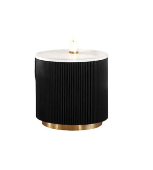 English Elm Contemporary Round End Table With White Marble Top & Gold Accents - Stylish Black Plinth Base B2741P395388