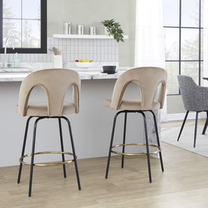 English Elm Fixed-height Swivel Counterstools with White Upholstery Gold Footrest Set of 2 Taupe B202S01792