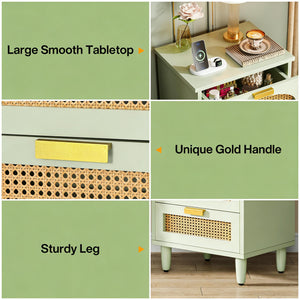 English Elm Rattan Three Drawer Nightstand Hand Woven Farmhouse Accent Table for Bedroom or Living Room T3971P453647