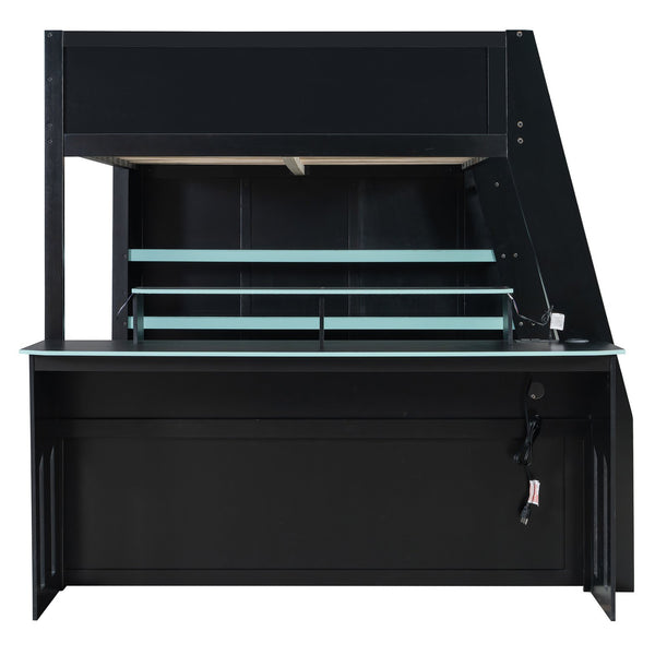 English Elm Full Size Wood Loft Bed with Rgb Lighting Desk and Multi-tier Shelves for Gaming Blue LT000374AAC