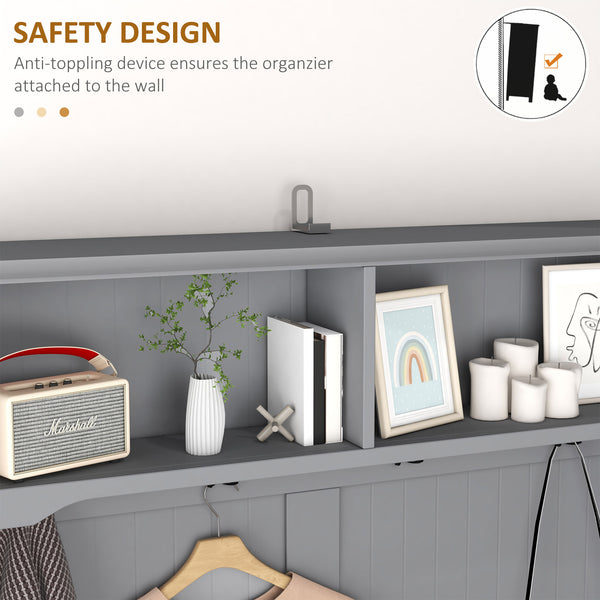 English Elm HOMCOM Entryway Hall Tree with Bench and 5 Double Hooks, Shoe Storage, Anti-Tip Mudroom Organizer Gray W2225P249585