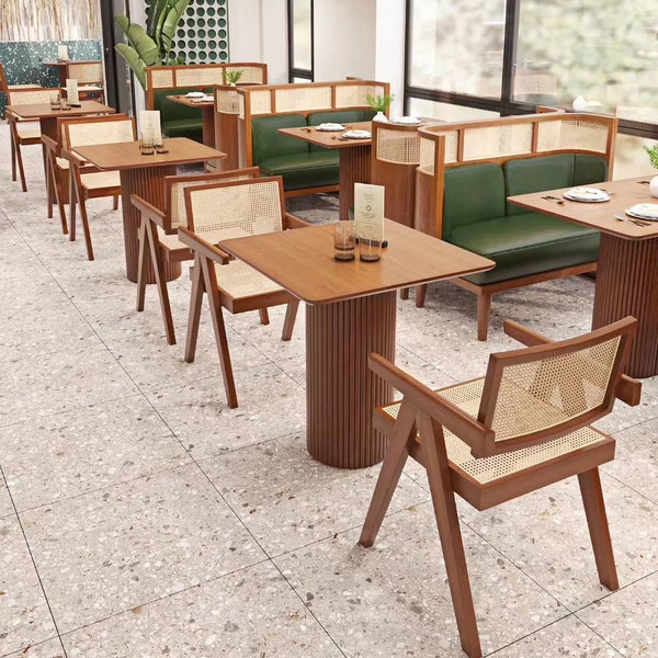 English Elm Modern Mid Century Rattan Dining Chair with Armrests, Walnut Rubberwood, Durable Cozy Accent Seat W3101P340551