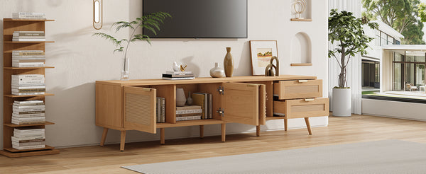 English Elm 70inch Rattan Door Media Console with Pine Legs and Cable Management for Living Room N710P365047P