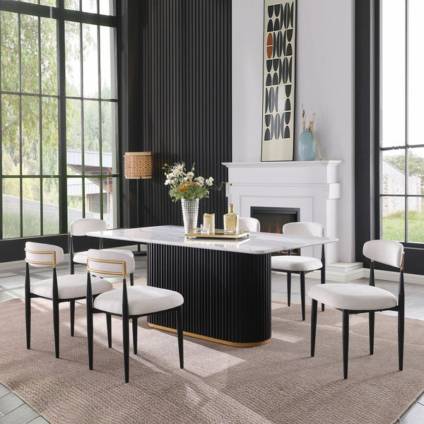 English Elm 69" Faux Marble Rectangular Dining Table Set Seating 6 with Chenille Chairs Glam Gold W5739S00004