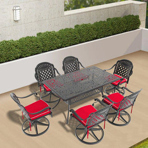 English Elm 7-Piece All-Weather Cast Aluminum Dining Set With Swivel Chairs: Stylish, Durable, And Umbrella-Ready! W1710S00316