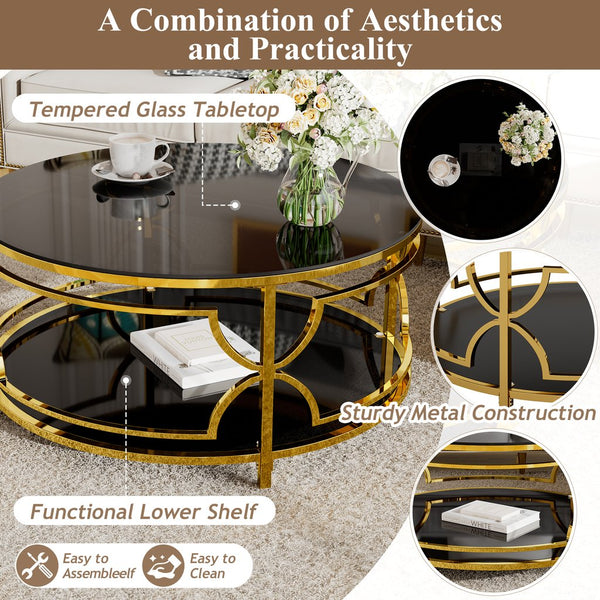 English Elm Round Tempered Glass Coffee Table with Gold Geometric Metal Base and Open Storage Shelf Black N735P396530B