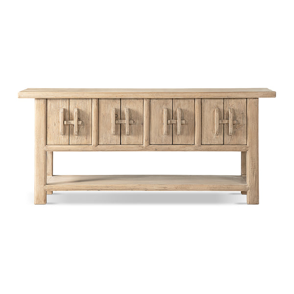 English Elm Rowan Reclaimed Pine Sideboard with Hand-carved Pulls and Open Display Shelf B2719P474454
