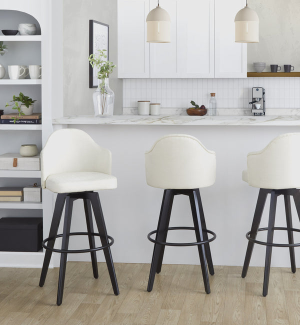 English Elm Fixed-height Swivel Barstools Upholstered Grey Fabric Black Wood Legs Kitchen Set of 2 Cream B202S01868