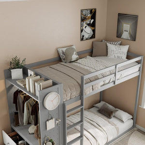 English Elm Twin Bunk Bed with Storage Drawers Hanging Rail Led Shelves and Pegboard Organizer Gray LT000282AAE