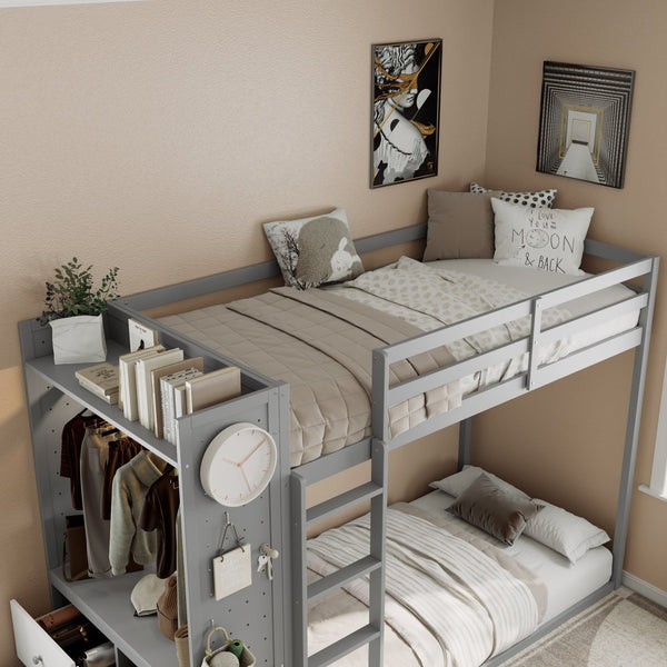 English Elm Twin Bunk Bed with Storage Drawers Hanging Rail Led Shelves and Pegboard Organizer Gray LT000282AAE
