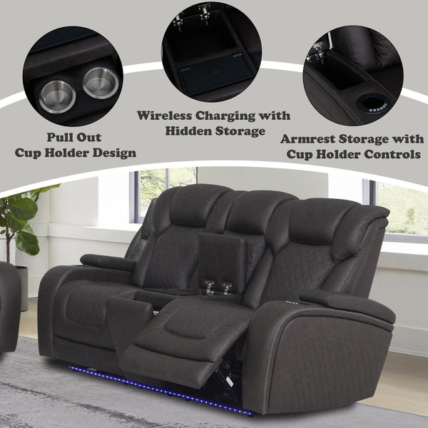 English Elm Wendell Power Reclining Microfiber Loveseat with Led Lighting and Wireless Charging Console B2726P435901