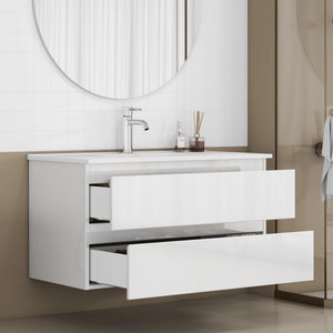 English Elm 36-inch Glossy White Bathroom Vanity with Ceramic Sink Soft Close Drawers Minimalist W3151S00065