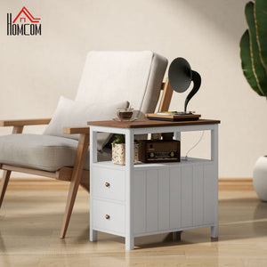English Elm HOMCOM Narrow End Table with Charging Station, 2 Outlets & USB, 2 Drawers Shelf, Modern White W2225P249995
