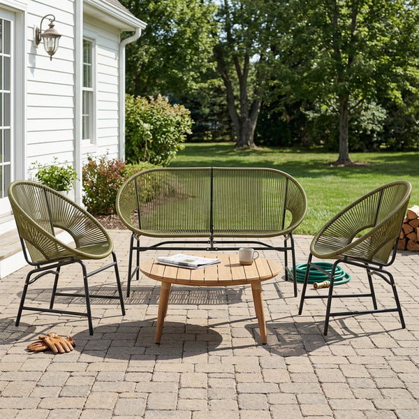 English Elm Nusa Outdoor Pe Rattan Conversation Set with Acacia Wood Coffee Table Patio Green,Natural NUSA4PCSET-GRN
