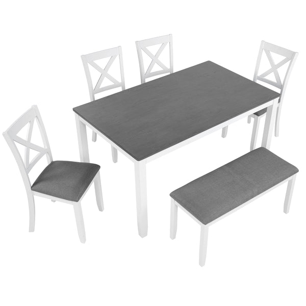 English Elm 6-Piece Modern Farmhouse Dining Table Set With Bench & Chairs, Grey & White, Comfortable Seating W1998S00064