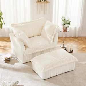 English Elm Upholstered Cream Corduroy Armchair Set With Wide Ottoman & Soft Pillows For Cozy Living Spaces W3041S00016-GIGA